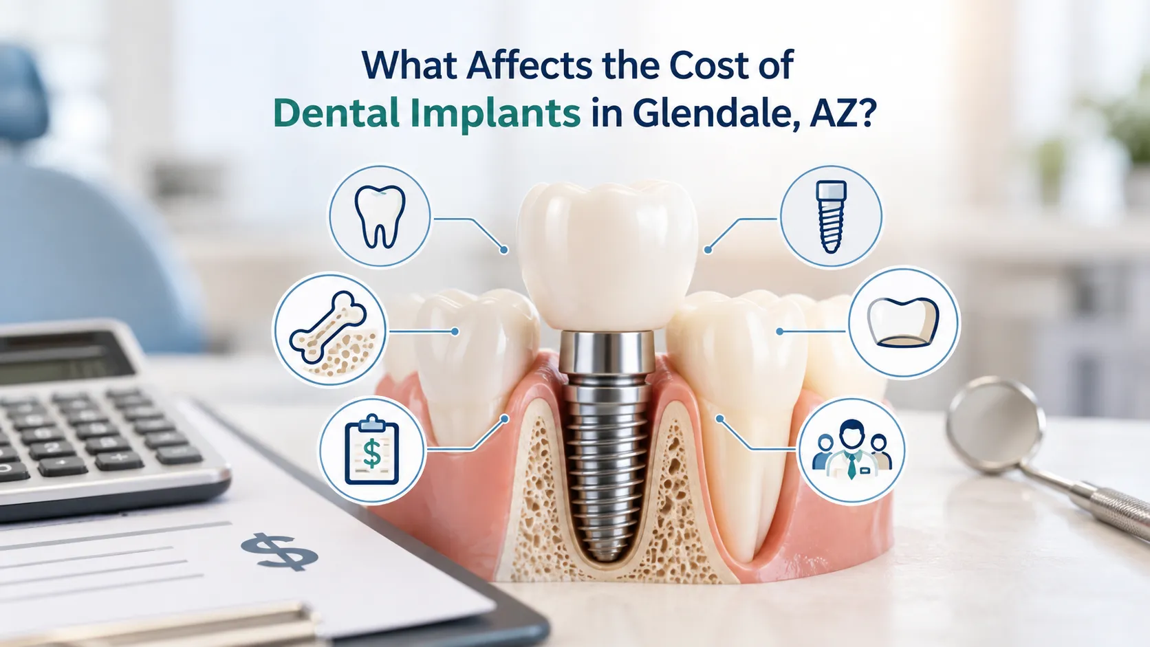 Dental implant model showing the crown, implant screw, jawbone, and key cost factors, including bone grafting, materials, and dental implant costs in Glendale, AZ.