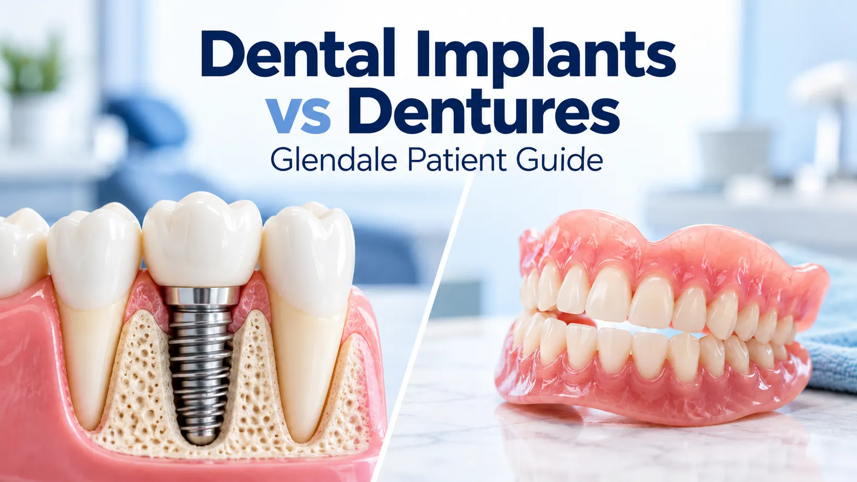 Dental implant embedded in the jawbone compared with removable dentures, illustrating tooth replacement options for Glendale patients. dental implants vs dentures